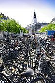 Many bicycles in front of Christiansborg Palace, Slotsholmen, Copenhagen, Denmark 
